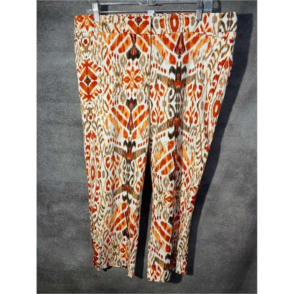 Chicos Ikat Crop Pants Size 2.5 L 14 Orange Brown Boho Stretch Crop Flat Front
